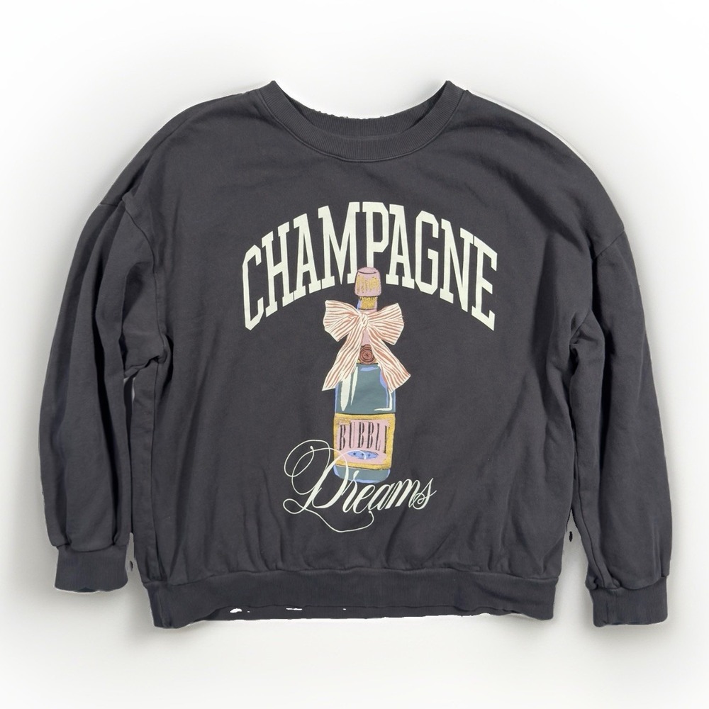 Z Supply Champagne Dreams Sunday Pullover Sweatshirt Womens M Charcoal Graphic